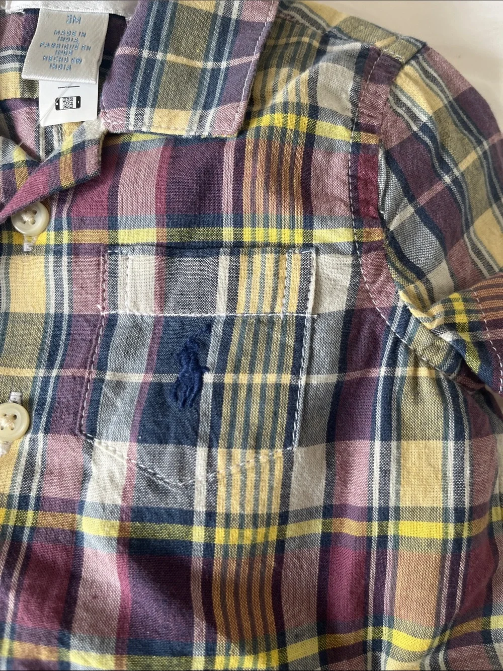 NWT Ralph Lauren | Boys Short-Sleeve Plaid Collared Romper Cotton 3M Navy Yellow